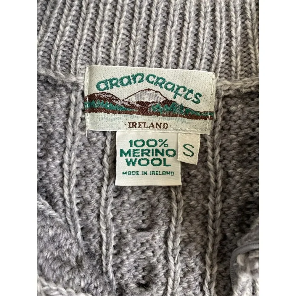 Aran Crafts Irish Cable Knit Sweater Coat Zip Fisherman Wool Gray Cardigan S
